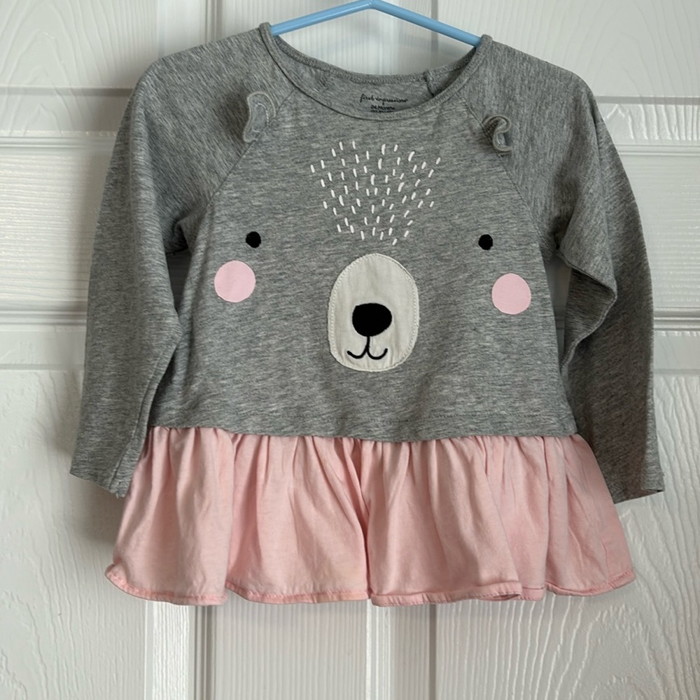 First Impressions baby Girl Printed Long Sleeve Mini Dress, Grey Combo Size: 24M